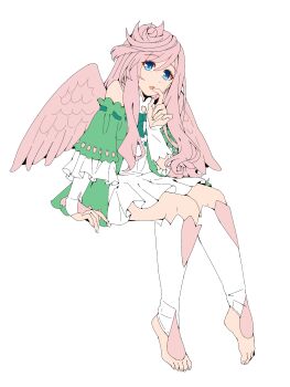 1girl absurdres bare_shoulders barefoot bird_girl bird_wings blue_eyes clothing_request commentary_request dress eyelashes feathered_wings flat_chest flat_color full_body green_dress hair_between_eyes hand_up highres long_hair long_sleeves looking_at_viewer open_mouth pink_hair pink_wings raspberrylee sakura_(yari_no_yuusha_no_yarinaoshi) short_dress simple_background sitting sleeves_past_wrists solo swept_bangs tate_no_yuusha_no_nariagari two-tone_dress white_background white_dress wings yari_no_yuusha_no_yarinaoshi