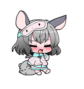 Rule 34 | 1girl, animal ears, blush, chibi, chibi only, closed eyes, commentary request, full body, grey hair, hand up, highres, long sleeves, mouse (animal), mouse ears, mouse girl, mouse tail, nazrin, open mouth, pajamas, pink pajamas, pink shirt, pink shorts, pink slippers, shirt, short hair, shorts, simple background, sleep mask, slippers, solo, standing, tail, touhou, transparent background, yawning, you (noanoamoemoe)