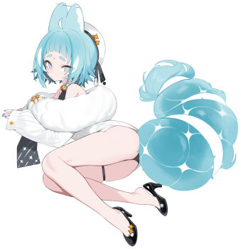 1girl absurdres ahoge animal_ears bare_legs bare_shoulders bell black_panties blue_hair blue_tail commentary facial_mark forehead_mark fur_trim hat high_heels highres hoshi_usagi mercedes_(hoshi_usagi) multicolored_hair nail_polish neck_bell original panties short_hair streaked_hair tail thick_eyebrows thigh_strap underwear