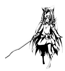 Rule 34 | 1girl, alchemist (ragnarok online), animal ears, boots, bow, cape, cat ears, cat girl, commentary request, crazy eyes, crazy smile, detached sleeves, dress, flat chest, fold-over boots, full body, fur collar, greyscale, high contrast, highres, holding, holding lead pipe, lead pipe, long hair, meiko (nattu303), monochrome, open mouth, ragnarok online, sash, simple background, smile, solo, strapless, strapless dress, very long hair