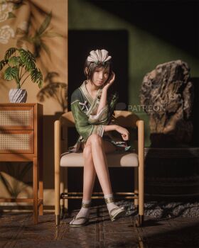 1girl 3d chain closed_mouth crossed_legs drayqin final_fantasy final_fantasy_vii final_fantasy_vii_rebirth final_fantasy_vii_remake full_body head_on_hand headdress highres japanese_clothes kimono light_smile looking_at_another official_alternate_costume patreon_username plant potted_plant sandals short_hair short_kimono socks solo tile_floor tiles yuffie_kisaragi yuffie_kisaragi_(wutai_pop_star)