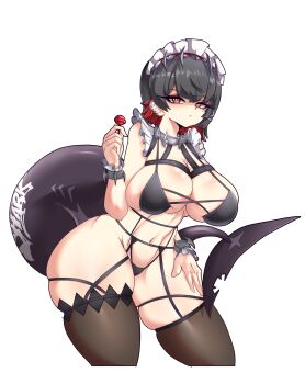 Rule 34 | 1girl, absurdres, annoyed, areola slip, bikini, black bikini, black hair, black thighhighs, bracelet, breasts, candy, closed mouth, colored inner hair, ear piercing, ellen joe, eyebrows, eyelashes, feet out of frame, female focus, fins, fish tail, food, garter belt, hand on own thigh, hand up, harness, highres, holding, holding candy, holding food, holding lollipop, huge breasts, jewelry, lollipop, looking at viewer, mihoyo, miyako.noh, mole, mole under eye, multicolored hair, piercing, red eyes, red hair, shaded face, shark girl, shark tail, short hair, simple background, solo, standing, swimsuit, tail, thick thighs, thighhighs, thighs, two-tone hair, white background, wide hips, zenless zone zero