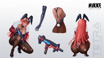 1girl animal_ears ass back black_pantyhose breasts dark-skinned_female dark_skin fake_animal_ears full_body gloves goddess_of_victory:_nikke grey_background grid_background high_heels highres jacket large_breasts long_hair model_sheet pantyhose playboy_bunny red_hair smile smitcuk solo squatting sunglasses_on_head torn_clothes volume_(nikke) weapon yellow_eyes