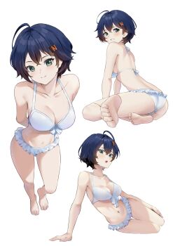 1girl absurdres alternate_costume arm_support arms_behind_back ass barefoot belle_(zenless_zone_zero) bikini black_hair breasts camus_(luthfancamus) cleavage closed_mouth collarbone commentary green_eyes grin hair_ornament highres letter_hair_ornament looking_at_viewer medium_breasts multiple_views navel open_mouth short_hair simple_background sitting smile standing swimsuit white_background white_bikini zenless_zone_zero