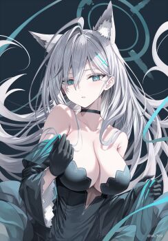 1girl absurdres ahoge animal_ear_fluff animal_ears bare_shoulders black_choker black_dress black_gloves blue_archive blue_eyes breasts broken_halo choker cleavage commentary cross cross_hair_ornament dress extra_ears gloves grey_background grey_hair hair_between_eyes hair_ornament halo highres inverted_cross large_breasts long_hair looking_at_viewer mismatched_pupils parted_bangs rin_yuu shiroko_terror_(blue_archive) simple_background solo strapless strapless_dress very_long_hair wide_sleeves wolf_ears wolf_girl