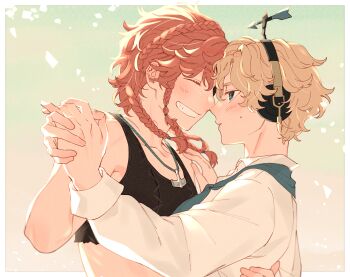 2girls ^_^ backlighting ballroom_dancing blonde_hair blue_eyes blue_neckerchief border braid brynhildr_vilulf closed_eyes commentary crop_top crown_braid english_commentary gossancp gradient_background grin hand_on_another&#039;s_back headphones holding_hands identity_v jewelry light_blush light_particles medium_hair multiple_braids multiple_girls neckerchief orange_hair parted_lips pendant short_hair small_sweatdrop smile striped_blush upper_body wendy_foote white_border yuri