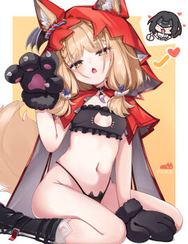 Rule 34 | + +, 2girls, absurdres, animal ear fluff, animal ears, animal hands, arknights, arknights: endfield, black boots, black bra, black panties, blonde hair, boots, bra, breasts, cape, cat cutout, cat cutout panties, cleavage cutout, clothing cutout, commentary, ears through headwear, endministrator (arknights), female endministrator (arknights), gloves, hair ornament, heart, highres, hood, hood up, hooded cape, jewelry, looking at viewer, multiple girls, navel, necklace, open mouth, panties, paw gloves, paw pose, red cape, rossi (arknights), sitting, small breasts, solo focus, tail, tooth necklace, underwear, wariza, wizard2482, wolf ears, wolf girl, yellow eyes