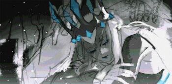 1girl blue_lips closed_eyes crown fate/grand_order fate_(series) huixingweiqi long_hair morgan_le_fay_(fate) morgan_le_fay_(queen_of_winter)_(fate) ponytail sleeping solo veil white_hair