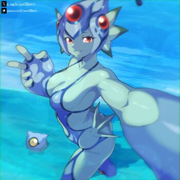 blue_helmet blue_leggings blue_one-piece_swimsuit breasts cleavage collarbone colored_skin commentary dclaret digimon digimon_(creature) fins frog_girl green_skin head_fins helmet highres kuramon large_breasts leggings monster_girl one-eyed one-piece_swimsuit outstretched_arm ranamon red_eyes selfie swimsuit symbol-only_commentary taking_picture v