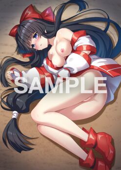 Rule 34 | 1girl, ainu clothes, ass, black hair, blue eyes, blush, breasts, breasts out, censored, come hither, fingerless gloves, gloves, hair ribbon, highres, large breasts, legs, long hair, lying, nakoruru, nipples, on side, open mouth, parted lips, pussy, ribbon, sample watermark, samurai spirits, snk, solo, tears, the king of fighters, thighs, very long hair, watermark