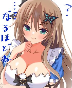 >:) 1girl ? absurdres apron aqua_eyes arm_ribbon arm_under_breasts black_bow black_ribbon blush bow breasts brown_hair butterfly_hair_ornament cleavage clenched_hand closed_mouth collarbone commentary_request dress_bow eyelashes eyes_visible_through_hair frilled_apron frilled_sleeves frills hair_between_eyes hair_ornament hand_up hapymaher heart-shaped_ornament highres large_breasts long_hair looking_at_viewer puffy_short_sleeves puffy_sleeves ribbon sakuratoru short_sleeves sidelighting sidelocks simple_background smile smug solo toriumi_arisu translated tsurime upper_body v-shaped_eyebrows very_long_hair white_apron white_background