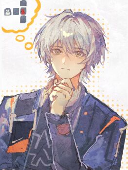 1boy black_jacket black_shirt character_request check_character chinese_commentary closed_mouth commentary_request enderrabbit frown grey_hair hair_between_eyes hand_on_own_chin highres jacket male_focus open_clothes open_jacket shirt short_hair solo speech_bubble thinking thought_bubble upper_body white_background wise_(zenless_zone_zero) yellow_eyes zenless_zone_zero