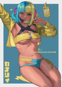 1girl aqua_hair bandeau bikini black_mask blonde_hair blue_bikini blue_eyes blush breasts canari_(pokemon) criss-cross_straps dark-skinned_female dark_skin gen_4_pokemon heart highres jacket large_breasts long_sleeves looking_at_viewer mask mask_pull mega_stone mouth_mask multicolored_hair multicolored_nails navel nintendo one_eye_closed pokemon pokemon_legends:_z-a rotom rotom_phone short_twintails smile split-color_hair sports_bra stomach swimsuit tongue tongue_out twintails two-tone_hair two-tone_mask underboob wei_(promise_0820) yellow_bandeau yellow_jacket yellow_mask yellow_sports_bra