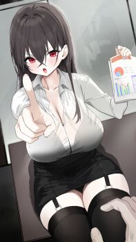 1girl absurdres black_hair black_skirt black_thighhighs bra_visible_through_clothes breasts cleavage collarbone collared_shirt commentary crossed_bangs english_commentary garter_straps hair_between_eyes highres holding holding_paper karas_(10_9) large_breasts long_hair office_lady open_mouth original paper pointing pointing_at_viewer red_eyes shadow shirt sitting skirt solo thighhighs white_shirt