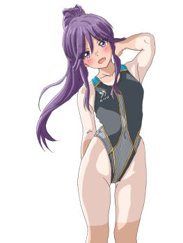 1girl black_one-piece_swimsuit breasts competition_swimsuit curvy fang feet_out_of_frame hal-py hasunuma_koyomi highleg highleg_one-piece_swimsuit long_hair looking_at_viewer multicolored_swimsuit one-piece_swimsuit one-piece_tan ponytail purple_eyes purple_hair shiny_skin simple_background skin_fang small_breasts smile solo swimsuit tan tanline white_background wide_hips zatsu_tabi