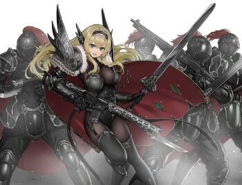 1girl ambiguous_gender armor assault_rifle asymmetrical_dual_wielding bayonet black_armor black_leotard black_thighhighs blonde_hair bodystocking breastplate breasts commentary_request cuirass dual_wielding feet_out_of_frame full_armor gauntlets greaves green_eyes gun helm helmet highres hiyashiru holding holding_gun holding_sword holding_weapon knight large_breasts leotard long_hair looking_at_viewer original pauldrons plate_armor rifle shoulder_armor simple_background sword thighhighs weapon white_background