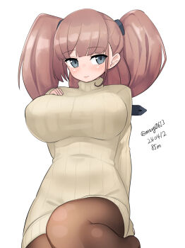 Rule 34 | 1girl, absurdres, alternate costume, atlanta (kancolle), black pantyhose, breasts, brown hair, commentary request, cowboy shot, dress, grey dress, grey eyes, grey sweater, highres, kantai collection, large breasts, long hair, maru (marg0613), one-hour drawing challenge, pantyhose, ribbed dress, ribbed sweater, simple background, smile, solo, sweater, sweater dress, two side up, white background