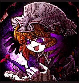 1girl :d ascot blonde_hair blush blush_stickers collar dress hat long_dress maribel_hearn mob_cap open_mouth pink_ascot purple_dress purple_eyes short_hair smile solo suenari_(peace) touhou white_collar white_hat