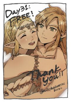 1boy 1girl arms_around_neck bead_armlet blonde_hair blush border braid breasts circlet closed_eyes closed_mouth couple crown_braid dress earrings hair_between_eyes hetero highres jewelry link looking_at_another medium_breasts nikohakaeritai nintendo open_mouth parted_bangs pointy_ears princess_zelda short_hair sidelocks smile strapless strapless_dress the_legend_of_zelda the_legend_of_zelda:_tears_of_the_kingdom topless_male twintails upper_body white_background white_border