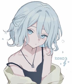 1girl black_camisole blue_eyes blue_hair camisole closed_mouth collarbone commentary_request expressionless flat_chest green_jacket hair_between_eyes half_updo jacket jewelry long_bangs looking_at_viewer mui_dayo61 necklace off_shoulder official_alternate_costume official_alternate_hair_length official_alternate_hairstyle open_clothes open_jacket project_sekai short_hair sidelocks simple_background single_bare_shoulder solo spaghetti_strap strap_slip treble_clef upper_body white_background yoisaki_kanade zozotown