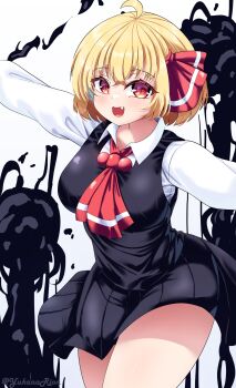 Rule 34 | 1girl, artist name, ascot, bare legs, black skirt, black vest, blonde hair, breasts, collared shirt, cropped legs, fang, gradient eyes, hair ribbon, highres, long sleeves, looking at viewer, medium breasts, multicolored eyes, open mouth, outstretched arms, red ascot, red eyes, red ribbon, ribbon, rion (user ufvg8527), rumia, shirt, short hair, skirt, skirt set, slit pupils, solo, touhou, two-tone ascot, two-tone ribbon, upper body, vest, white ascot, white ribbon, white shirt