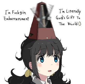 1girl afterimage aiu404l black_hair blue_eyes blush collared_shirt egg egg_(aiu404l) english_text highres jaggy_lines looking_at_viewer medium_hair messy_hair metronome motion_blur object_on_head open_mouth original portrait profanity shirt sidelocks simple_background solo talking twintails typo white_background white_shirt