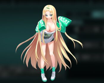 1girl :< aqua_eyes aqua_socks bags_under_eyes bare_shoulders black_shorts blonde_hair blurry blurry_background breasts closed_mouth collarbone dmm full_body game_cg green_shirt green_sleeves hands_up huge_breasts jitome large_variant_set leaning_forward long_hair long_sidelocks long_sleeves looking_down loriya_romanovich naked_shirt no_nipples non-web_source oosaki_shin'ya oversized_clothes oversized_shirt shirt shoes short_shorts shorts sidelocks sleeves_past_fingers sleeves_past_wrists socks solo standing tachi-e tokyo_necro tokyo_necro_suicide_mission two-tone_shirt variant_set very_long_hair very_long_sidelocks white_shirt white_shoes wide_sleeves