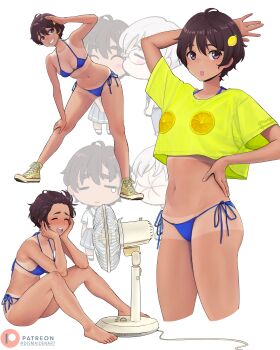 1boy 1girl absurdres arm_up artist_name barefoot bikini blue_bikini breasts brown_hair chibi chibi_inset commentary cropped_shirt dark-skinned_female dark_skin dismaiden english_commentary food-themed_hair_ornament food_print hair_between_eyes hair_ornament highres knees_up lemon_hair_ornament looking_at_viewer make_heroine_ga_oo_sugiru! medium_breasts multiple_views navel patreon_logo patreon_username pleated_skirt print_shirt purple_eyes shirt shoes short_hair side-tie_bikini_bottom sideboob simple_background sitting skirt sneakers swimsuit tan tanline thighs white_background white_shirt yakishio_lemon