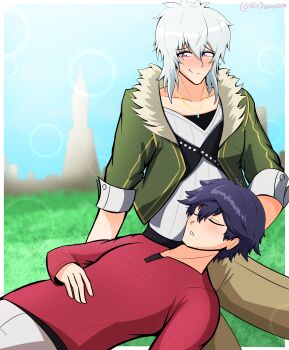 Rule 34 | 2boys, absurdres, black hair, blush, border, closed eyes, closed mouth, commentary, commission, crow armbrust, day, double-parted bangs, eiyuu densetsu, english commentary, fur collar, grass, hair between eyes, highres, jacket, james (sirjames079), jewelry, kai no kiseki, kuro no kiseki (series), long sleeves, male focus, mullet, multiple boys, necklace, outdoors, parted lips, rean schwarzer, red eyes, red shirt, shirt, short hair, sidelocks, sleeping, smile, white border, white hair, yaoi
