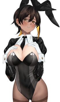 1girl absurdres animal_ear_hairband animal_ears between_breasts black_hair black_leotard black_necktie black_shrug blonde_hair blush breasts chi-chan_(yuya_(yuya_illust)) cleavage collared_shirt colored_inner_hair commentary covered_navel dark-skinned_female dark_skin fake_animal_ears gloves hair_between_eyes hairband hand_on_own_chest highleg highleg_leotard highres large_breasts leotard looking_at_viewer multicolored_hair necktie necktie_between_breasts original pantyhose parted_lips rabbit_ear_hairband rabbit_ears shirt short_hair shrug_(clothing) simple_background solo sweat tan tanline thigh_gap thighband_pantyhose thighs white_background white_gloves white_wrist_cuffs wrist_cuffs yellow_eyes yuya_(yuya_illust)