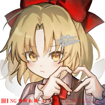 1girl :/ artist_name blonde_hair blush bow bowtie brown_vest commentary_request curtained_hair frilled_sleeves frills gengetsu_(touhou) hair_bow long_sleeves looking_at_viewer partial_commentary qr_code red_bow red_bowtie rokuya_(68_zusao) shirt short_hair signature simple_background solo touhou touhou_(pc-98) upper_body vest white_background white_shirt white_wings wings yellow_eyes