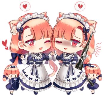 4girls ;3 ;d animal_ear_fluff animal_ears apron artist_request bags_under_eyes blue_bow blue_dress blue_ribbon blue_shoes blush blush_stickers bow bow_apron braid broken_heart brown_dress cat_ears chibi closed_mouth dress fairy_(girls'_frontline) false_smile full_body girls'_frontline hair_bow hair_ornament hair_ribbon hairclip heart holding holding_hands holding_missile holding_shield index_finger_raised kemonomimi_mode long_sleeves looking_at_viewer maid maid_apron maid_headdress missile multiple_girls official_art one_eye_closed open_mouth orange_hair pinstripe_dress pinstripe_pattern puffy_long_sleeves puffy_sleeves ribbon shaded_face shield shoes siblings simple_background slit smile spoken_heart striped_ribbon third-party_source transparent_background twin_braids twin_fairies_(girls'_frontline) twins twintails waist_ribbon white_apron white_ribbon |_|