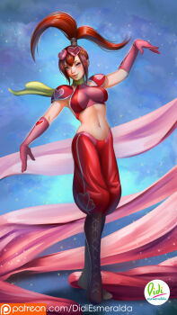 1girl arms_up boots brown_hair didi_esmeralda f-zero f-zero_gx full_body gloves goggles goggles_on_head highres long_hair looking_at_viewer midriff navel nintendo patreon_username pauldrons princia_ramode scarf shoulder_armor smile solo space star_(sky) yellow_eyes