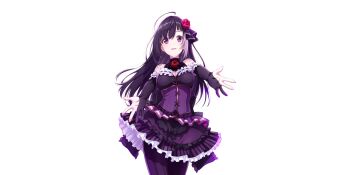 1girl ahoge bare_shoulders breasts cleavage cleavage_cutout clothing_cutout contrapposto corset cowboy_shot dot_nose dress elbow_gloves flower frilled_dress frilled_gloves frilled_skirt frills game_cg garnet_(lapis_re:lights) gloves hair_flower hair_ornament highres lapis_re:lights long_hair looking_at_viewer medium_breasts neck_flower official_art open_mouth outstretched_arms pantyhose partially_fingerless_gloves purple_corset purple_dress purple_eyes purple_gloves purple_hair purple_pantyhose purple_skirt red_flower red_rose rose simple_background skirt sleeveless sleeveless_dress smile solo third-party_source transparent_background underbust