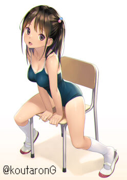 1girl :d arm_support bare_arms bare_shoulders black_hair blue_one-piece_swimsuit breasts brown_eyes chair cleavage collarbone commentary_request full_body hair_bobbles hair_ornament koutaro long_hair looking_at_viewer medium_breasts on_chair one-piece_swimsuit one_side_up open_mouth original school_chair school_swimsuit shoes sitting smile socks solo swimsuit tan tanline twitter_username uwabaki white_background white_shoes white_socks