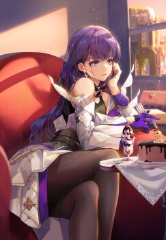 1girl absurdres bandages bare_shoulders birthday_cake brown_pantyhose cake chair chinese_commentary commentary_request crossed_legs earrings food fork gloves hand_on_own_cheek hand_on_own_face happy_birthday highres holding holding_fork homu_(honkai_impact) honkai_(series) honkai_impact_3rd ice_cream jewelry long_hair long_sleeves off-shoulder_shirt off_shoulder orange_sky pantyhose purple_eyes purple_gloves purple_hair raiden_mei raiden_mei_(apho) second-party_source shirt single_glove sitting sky solo sundae table white_shirt window zomzomzomsauce
