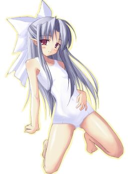 00s 1girl bare_shoulders barefoot blush bow breasts collarbone exif_thumbnail_surprise feet female_focus hair_bow hair_ornament half_updo highres kneeling large_bow legs len_(tsukihime) light_smile long_hair looking_at_viewer one-piece_swimsuit outline pointy_ears red_eyes school_swimsuit shingo_(missing_link) simple_background small_breasts solo swimsuit toes tsukihime white_background white_len_(tsukihime) white_one-piece_swimsuit white_school_swimsuit