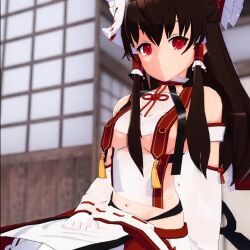 1girl 3d animated breasts brown_hair hakurei_reimu long_hair medium_breasts mofumoko5 navel red_eyes sitting solo tagme thighs touhou underboob video