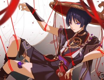 1boy genshin_impact hat highres japanese_clothes kawausoman purple_eyes purple_hair red_string scaramouche_(genshin_impact) string