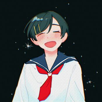 1girl :d absurdres alternate_costume black_background blue_sailor_collar blush closed_eyes commentary facing_viewer futsuu_no_keion-bu hair_ornament hairpin highres kouyama_rin mi_fu_ji neckerchief open_mouth parted_bangs pixie_cut red_neckerchief sailor_collar sailor_shirt school_uniform shirt short_hair smile solo sparkle symbol-only_commentary upper_body white_shirt