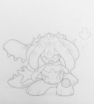 1girl arm_up arrow_(symbol) artist_name extra_mouth fangs female_focus friday_night_funkin' full_body gen_3_pokemon gen_7_pokemon greyscale half-closed_eye half-closed_eyes highres holding holding_microphone living_hair long_hair looking_to_the_side mareanie mawaifu mawile microphone monochrome music nintendo on_head open_mouth outstretched_arm pokemon pokemon_(creature) pokemon_on_head ponytail sharp_teeth signature simple_background singing sketch skin_fangs spikes spread_fingers squatting teeth tentacles thick_thighs thighs traditional_media uneven_eyes very_long_hair white_background