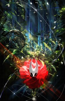 absurdres arthropod_girl black_eyes black_skin cage cloak colored_skin full_body highres holding holding_needle holding_weapon hollow_eyes hollow_knight hollow_knight:_silksong horned_mask hornet_(hollow_knight) horns leaf looking_at_viewer mask meltyrice nature needle needle_(hollow_knight) petals red_cloak standing thread tree weapon white_mask