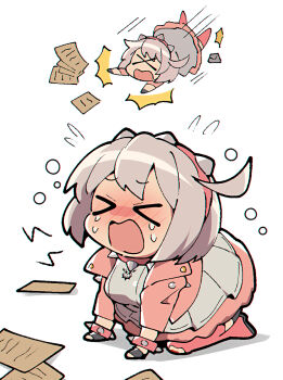 >_< 1girl black_gloves blood blush boots breasts bruise chibi closed_eyes commentary_request crying dress elphelt_valentine fingerless_gloves flying_sweatdrops gloves grey_dress grey_hair guilty_gear guilty_gear_strive highres injury itsuka_neru jacket large_breasts motion_lines nose_blush open_clothes open_jacket pink_boots pink_jacket shadow short_hair simple_background speed_lines spikes tears thigh_boots tripping white_background