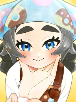1girl 1other absurdres ansha_(pokemon) apron black_hair blue_eyes blush braid grabbing_another's_arm headscarf highres looking_at_viewer nintendo pokemon pokemon_legends:_z-a pov pov_hands saku06480514 smile solo_focus upper_body yellow_background