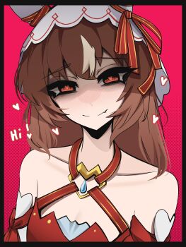 1girl animal_ears bare_shoulders black_border border breasts brown_hair choppy_bangs cleavage closed_mouth collarbone dress fang grey_streaks hashtag-only_commentary heart heart-shaped_pupils highres horse_ears horse_girl looking_at_viewer loving_aura medium_hair mikuneki multicolored_hair red_background red_dress red_eyes shaded_face simple_background single_hair_streak skin_fang smile solo still_in_love_(scarlet_vow_raiment)_(umamusume) still_in_love_(umamusume) streaked_hair symbol-shaped_pupils umamusume upper_body
