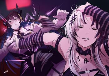 2girls adjusting_hair asymmetrical_horns attack black_arm_warmers black_hair blue_hair breasts colored_inner_hair commentary demon_horns english_commentary grey_hair hair_slicked_back highres hololive hololive_english horns jujutsu_kaisen kivo large_breasts long_hair meme mole mole_under_eye multicolored_hair multiple_girls nerissa_ravencroft o3o punching scene_reference shiori_novella split-color_hair striped_arm_warmers two-tone_hair uneven_horns very_long_hair virtual_youtuber