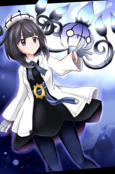 1girl chandelure gen_5_pokemon gwynn_(pokemon) hachimi highres nintendo pokemon pokemon_(creature) pokemon_legends:_z-a purple_eyes purple_hair short_hair