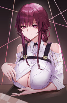 1girl absurdres bare_shoulders breasts cleavage collared_shirt commentary english_commentary gradient_background hair_between_eyes hair_intakes highres honkai:_star_rail honkai_(series) jin_mu_mulin kafka_(honkai:_star_rail) large_breasts long_hair looking_at_viewer open_clothes open_shirt parted_lips pink_background purple_eyes purple_hair shirt sidelocks smile solo steaming_body string white_shirt