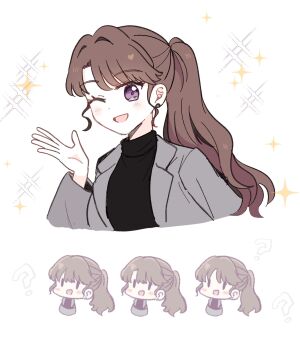 1girl ;d black_sweater chibi commentary_request earrings fujishima_megumi fujishima_megumi_(post-graduation) grey_jacket hair_intakes highres jacket jewelry link!_like!_love_live! long_hair long_sleeves looking_at_viewer love_live! multiple_views official_alternate_costume one_eye_closed open_clothes open_jacket open_mouth ponytail sidelocks simple_background smile solid_oval_eyes sparkle stud_earrings sweater turtleneck turtleneck_sweater virtual_youtuber watage_modoki white_background