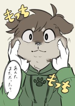 Rule 34 | 1girl, :3, alternate universe, animal, animal focus, animalization, antenna hair, black eyes, brown fur, clothed animal, commentary request, dog, drawstring, edd (eddsworld), eddsworld, ell (eddsworld), green hoodie, highres, hood, hoodie, kashimiato, long sleeves, partial commentary, pov, pov hands, puffy cheeks, simple background, solo focus, translation request, yellow background